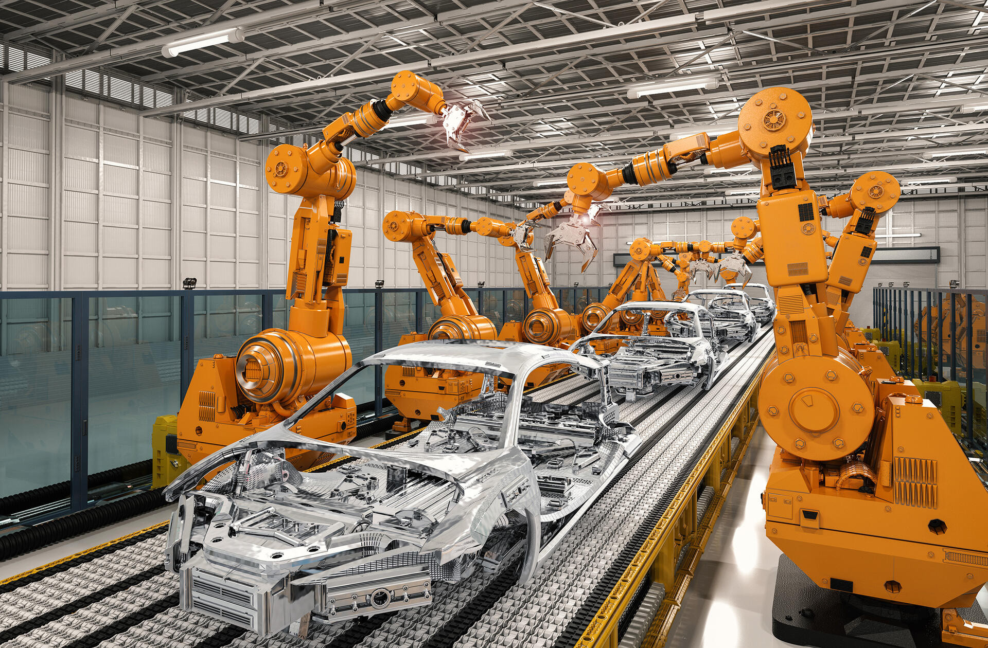 robot assembly line in car factory