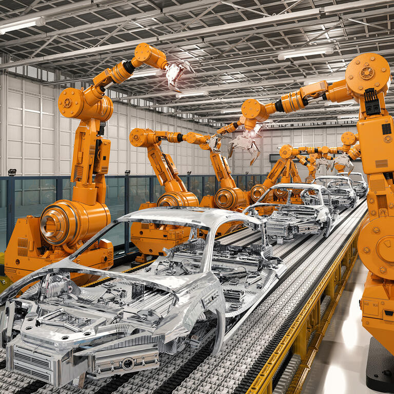 robot assembly line in car factory