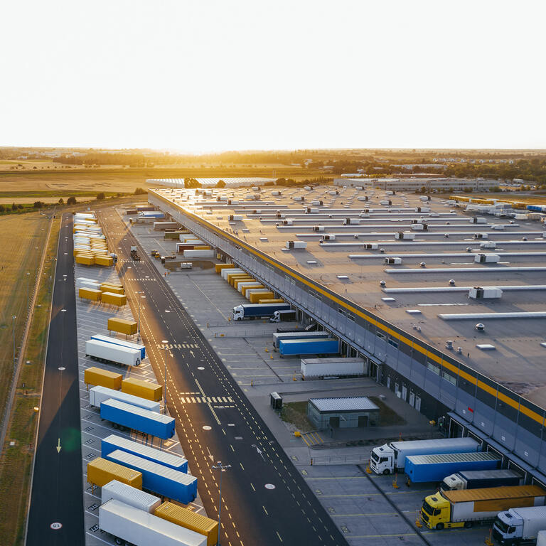 Aerial view of the distribution center, drone photography of the industrial logistic zone