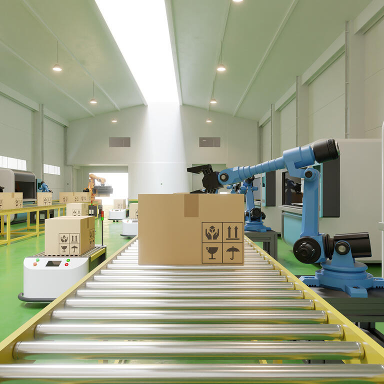 Interior of warehouse in logistic center have AGV/Robot arm